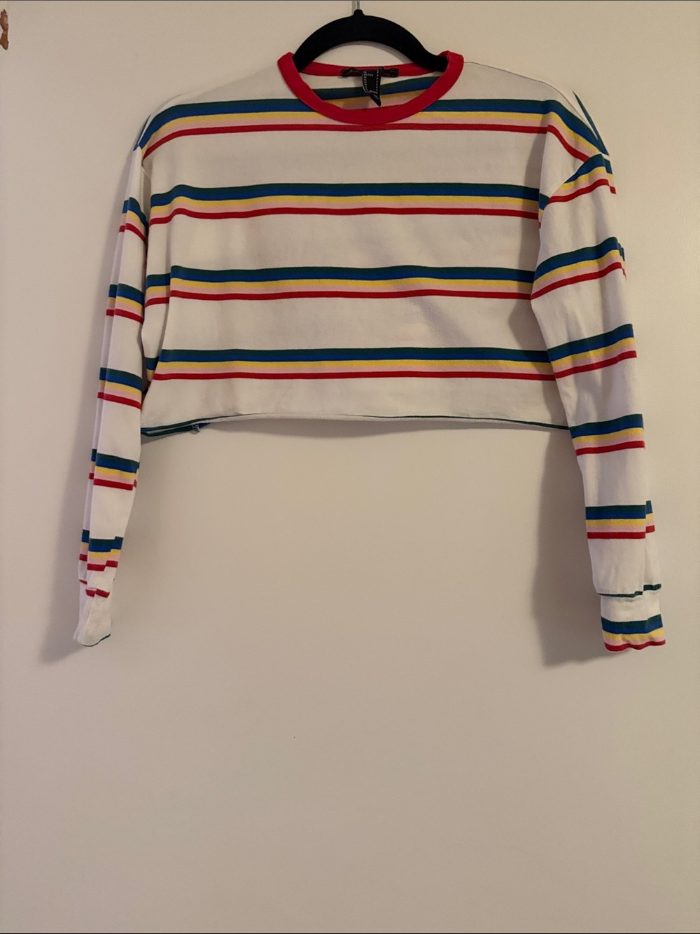 Forever 21 White Cropped Long-Sleeve Top with Red, Blue, Green & Yellow Stripes